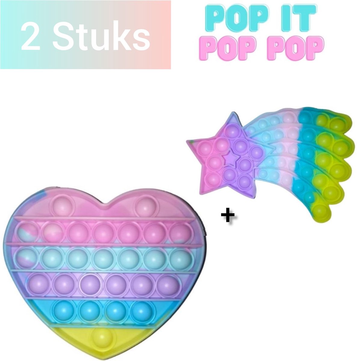 Fidget toys Set | 2 stuks Pop it Regenboog Multi Color | Hartje + Vallende Ster | Anti stress 2021 | Van Tik Tok | Meisjes jongens volwassenen | Verjaardag of Kerst cadeautip